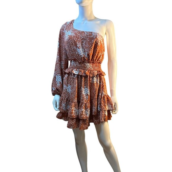 Here Comes the Sun One-Shoulder Rust Floral Ruffle Tiered Dress Size Small EUC - Picture 1 of 7